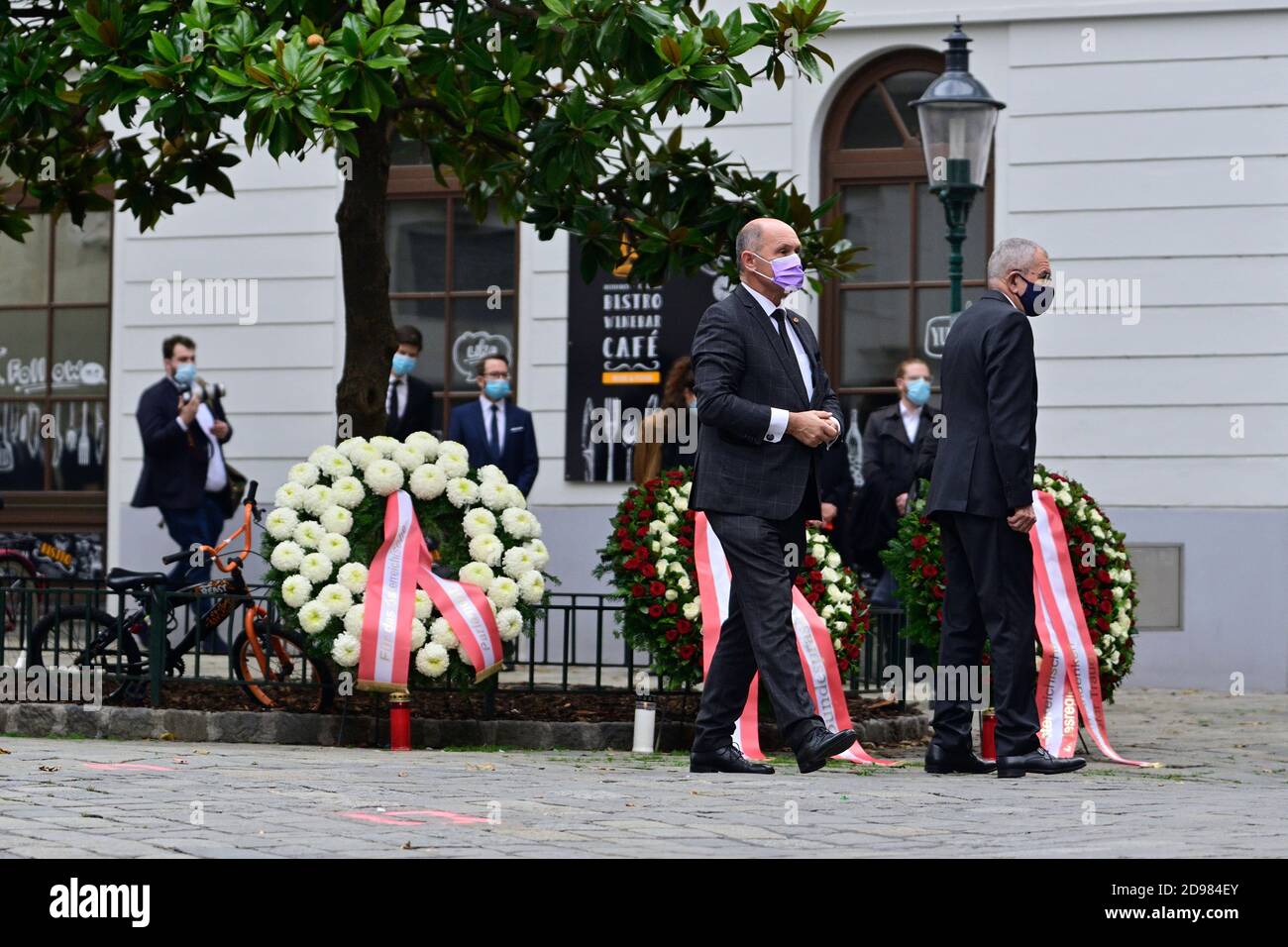 Vienna, Austria. 03rd Nov, 2020. Terrorist attack in Vienna on October 2nd, 2020. The first district of Vienna is still cordoned off. So far there have been 4 dead and 15, some seriously injured. Picture shows the laying of the wreath for the victims of the terrorist attack. ational Council President Wolfgang Sobotka (L) and  Federal President Alexander Van der Bellen (R). Stock Photo