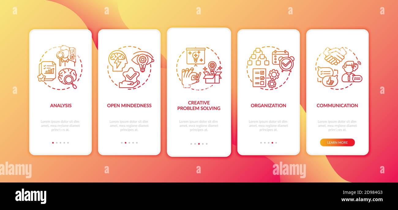 Creative thinking types onboarding mobile app page screen with concepts Stock Vector