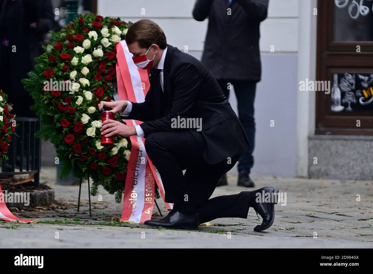 Vienna, Austria. 03rd Nov, 2020. Terrorist attack in Vienna on October 2nd, 2020. The first district of Vienna is still cordoned off. So far there have been 4 dead and 15, some seriously injured. Picture shows the laying of the wreath for the victims of the terrorist attack.Picture shows Federal Chancellor Sebastian Kurz (ÖVP). Credit: Franz Perc / Alamy Live News Stock Photo