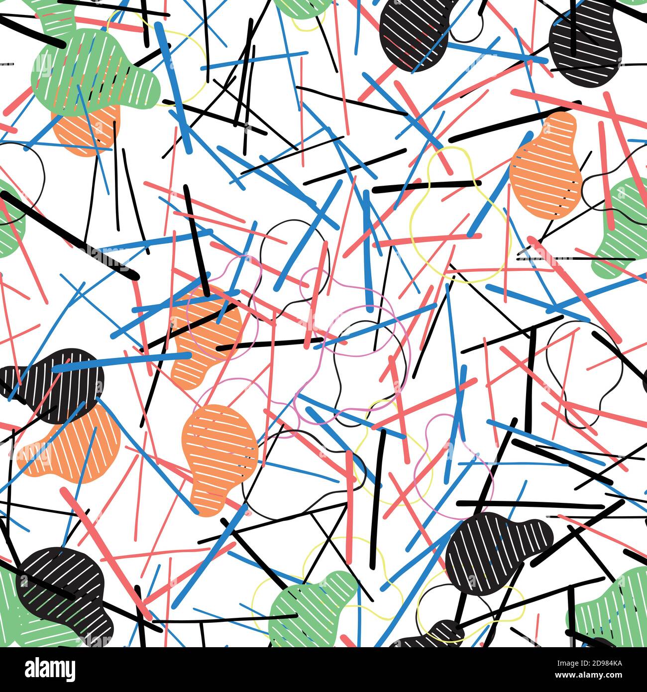 Vector abstract seamless pattern. Texture background, colored and black shapes, lines. Stock Vector