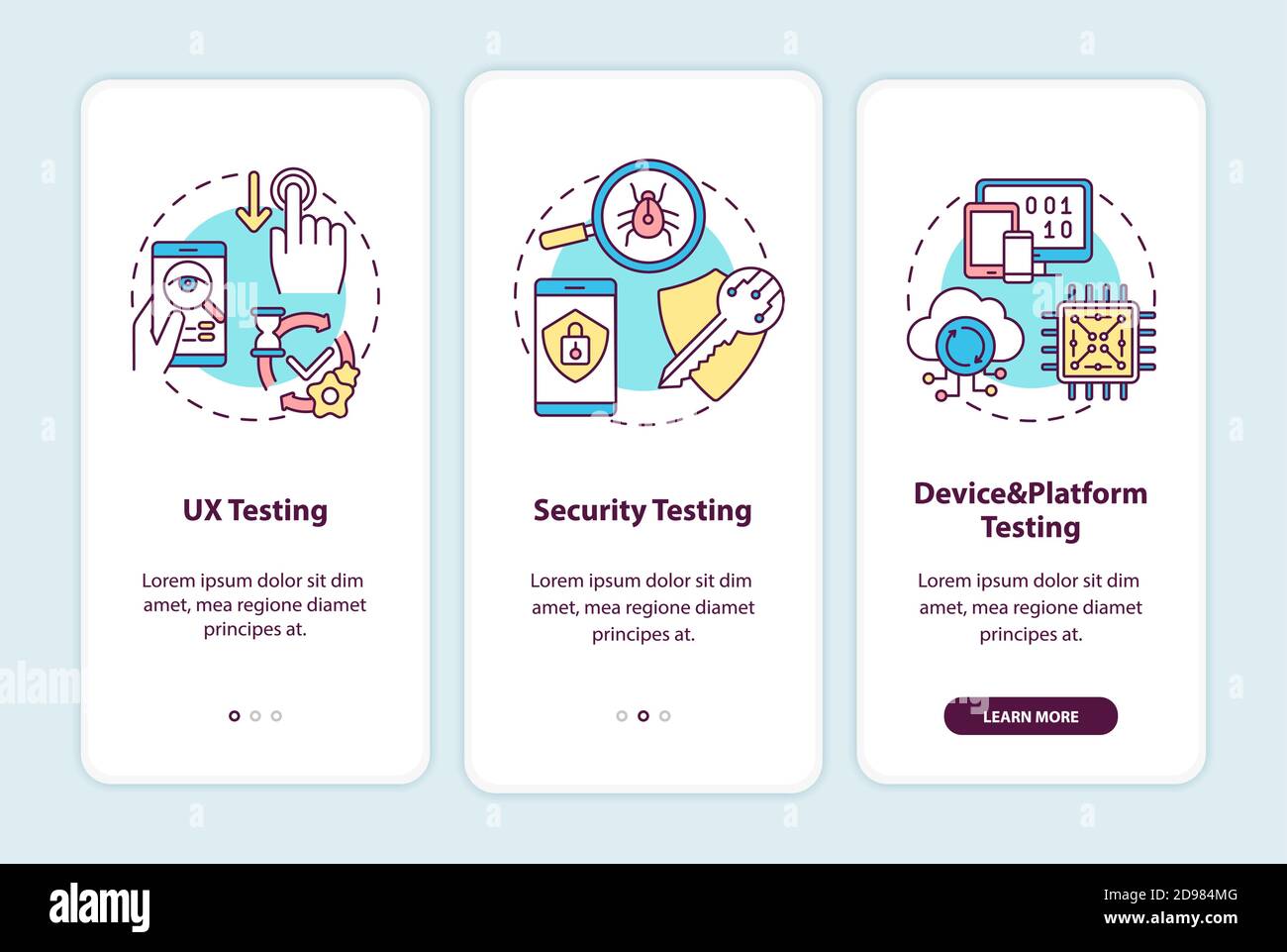 App testing components onboarding mobile app page screen with concepts Stock Vector