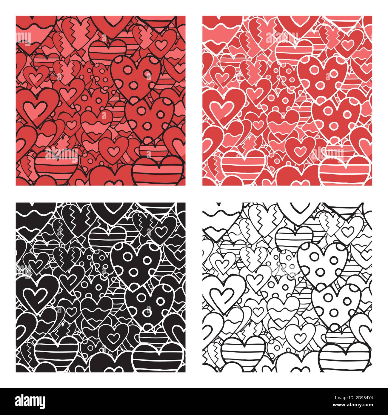 Vector hand drawn seamless pattern set. Texture background, heart shapes, red colored, black and white. Stock Vector