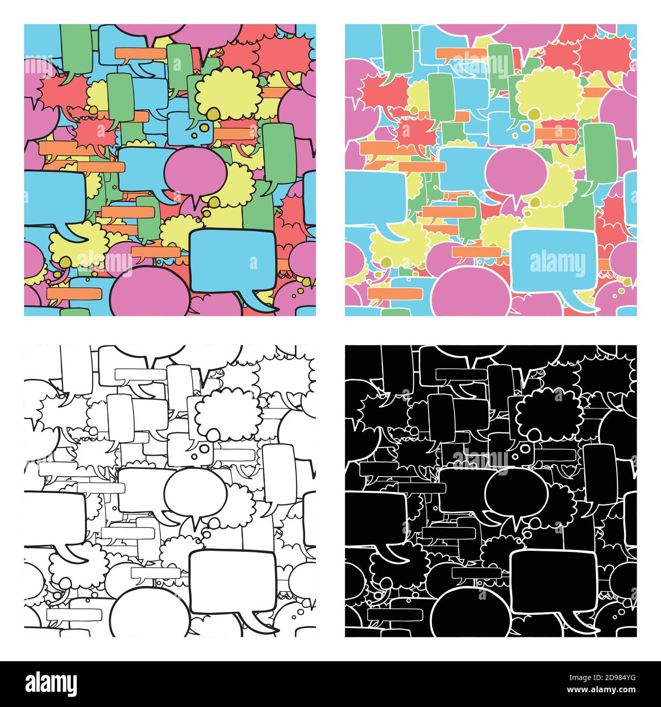 Vector hand drawn seamless pattern set. Texture background, speech, thought and exclamation bubbles, colored, black and white. Stock Vector