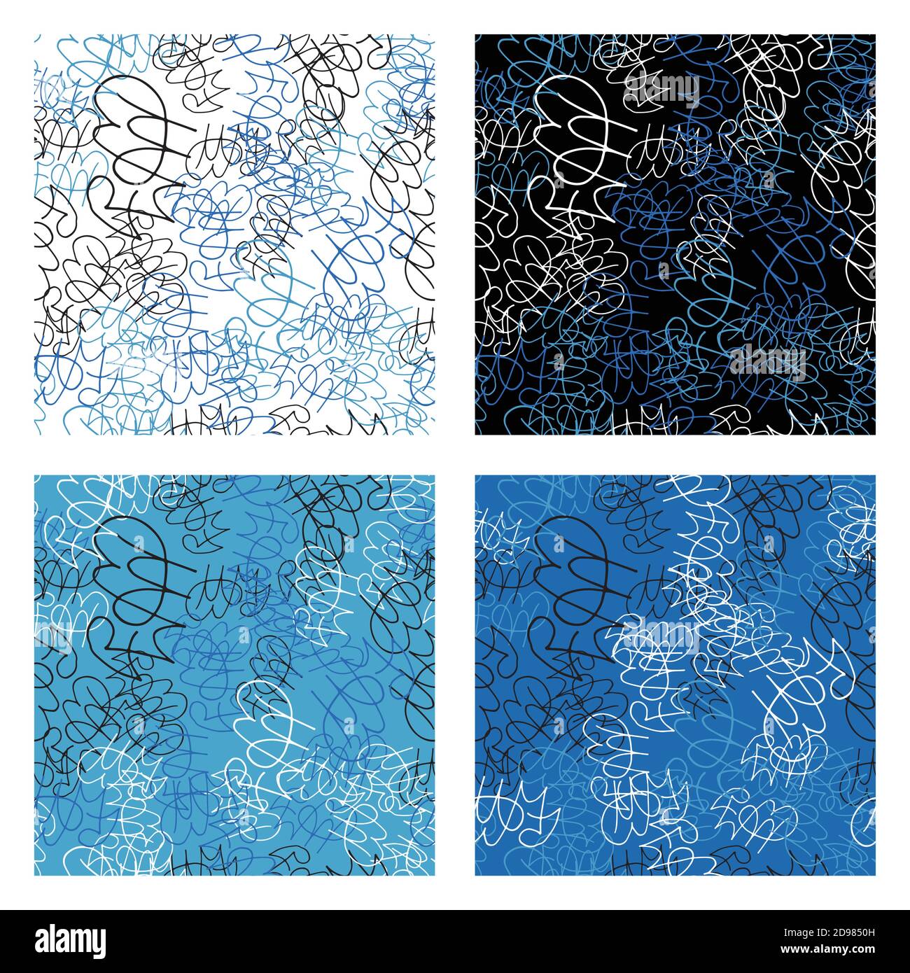 Vector abstract hand drawn lines seamless pattern set. Texture background, colored, blue, black and white colors. Stock Vector