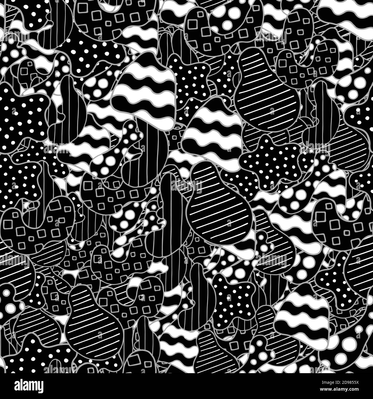 Vector abstract hand drawn seamless pattern. Texture background, black, grey and white colored shapes. Stock Vector