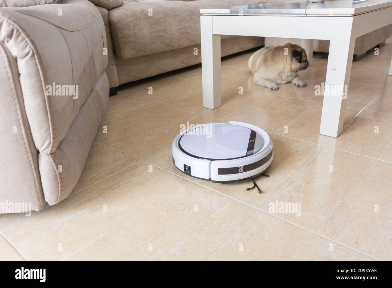 Robot vacuum cleaner cleaning the floor of the dining room of a house