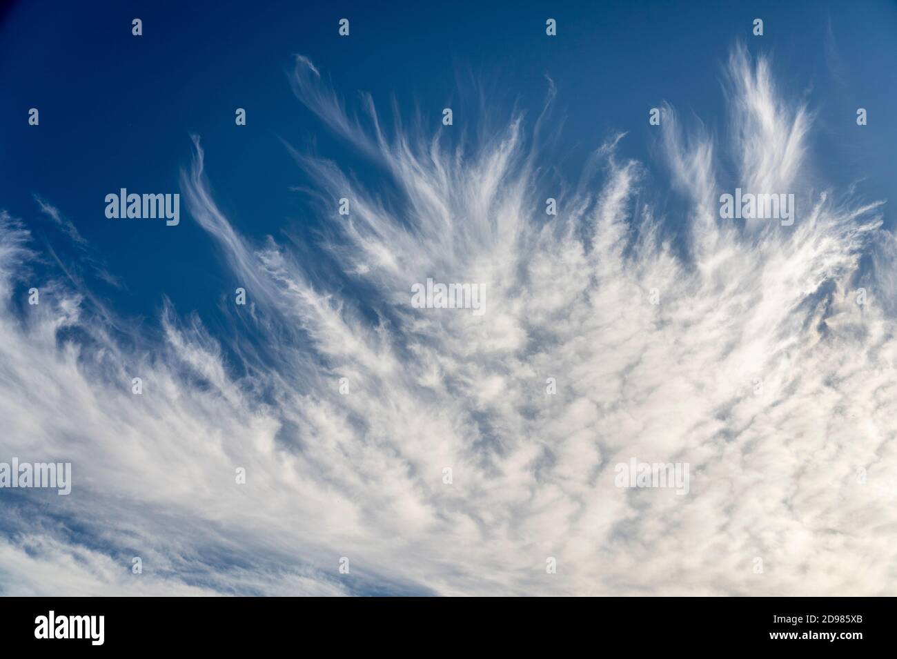frayed cirrus clouds on deep blue sky Stock Photo
