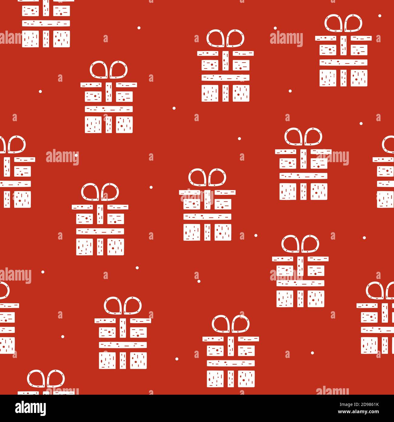 Seamless pattern of gift boxes in flat style on a red background. Stock Vector