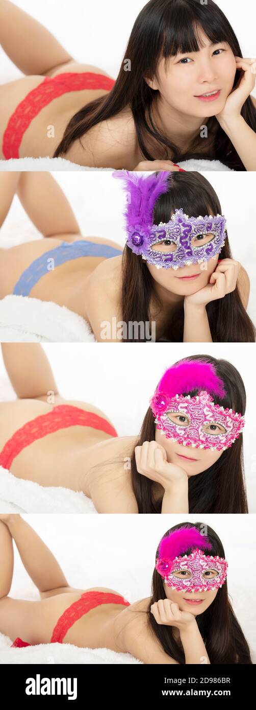 Beautiful Chinese woman dressed in a red and blue  thong panties isolated on a white background Stock Photo