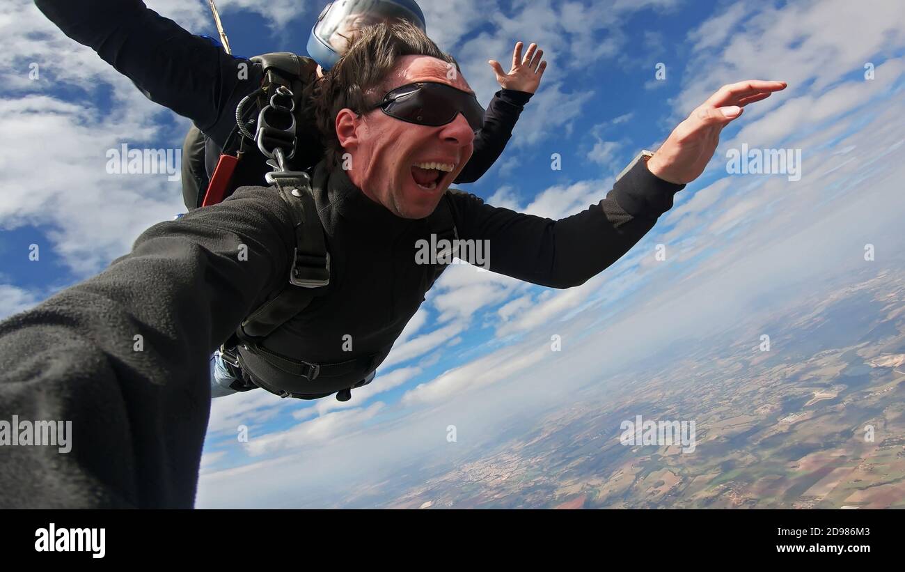 Skydive selfie tandem autumun day Stock Photo