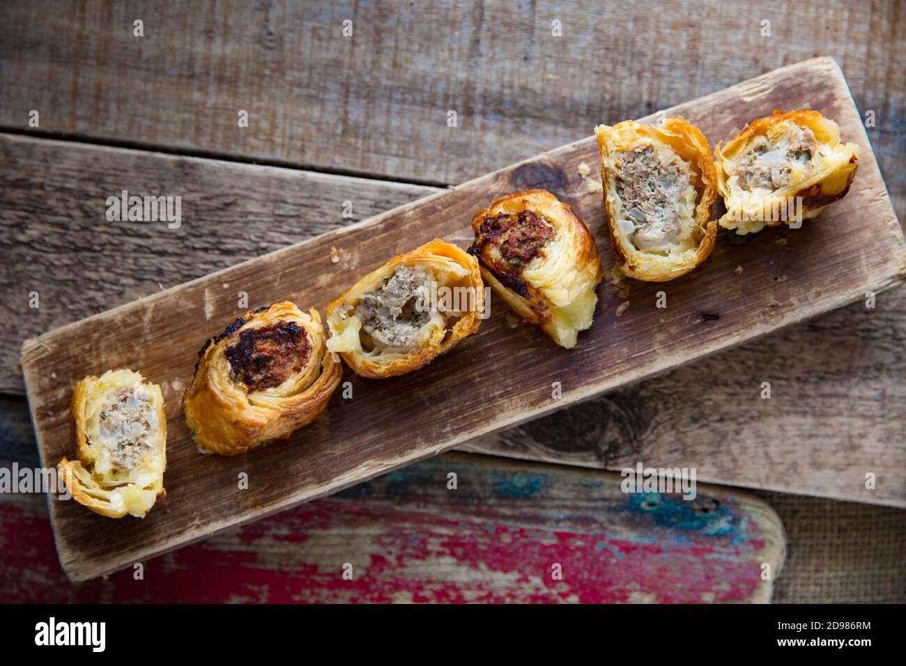 Pheasant sausage rolls made from minced pork and minced pheasant and herbs and spices. Made from a pheasant shot on a small driven shoot using a shotg Stock Photo