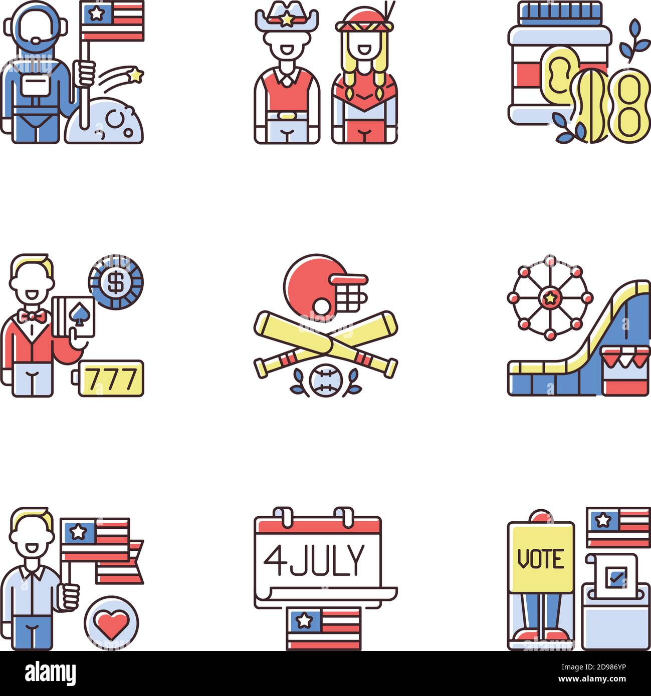What makes America famous RGB color icons set Stock Vector
