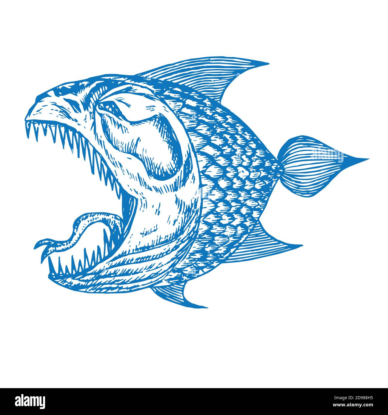 Piranhas fish profile, open mouth with sharp teeth and long tongue, funny hand drawn doodle