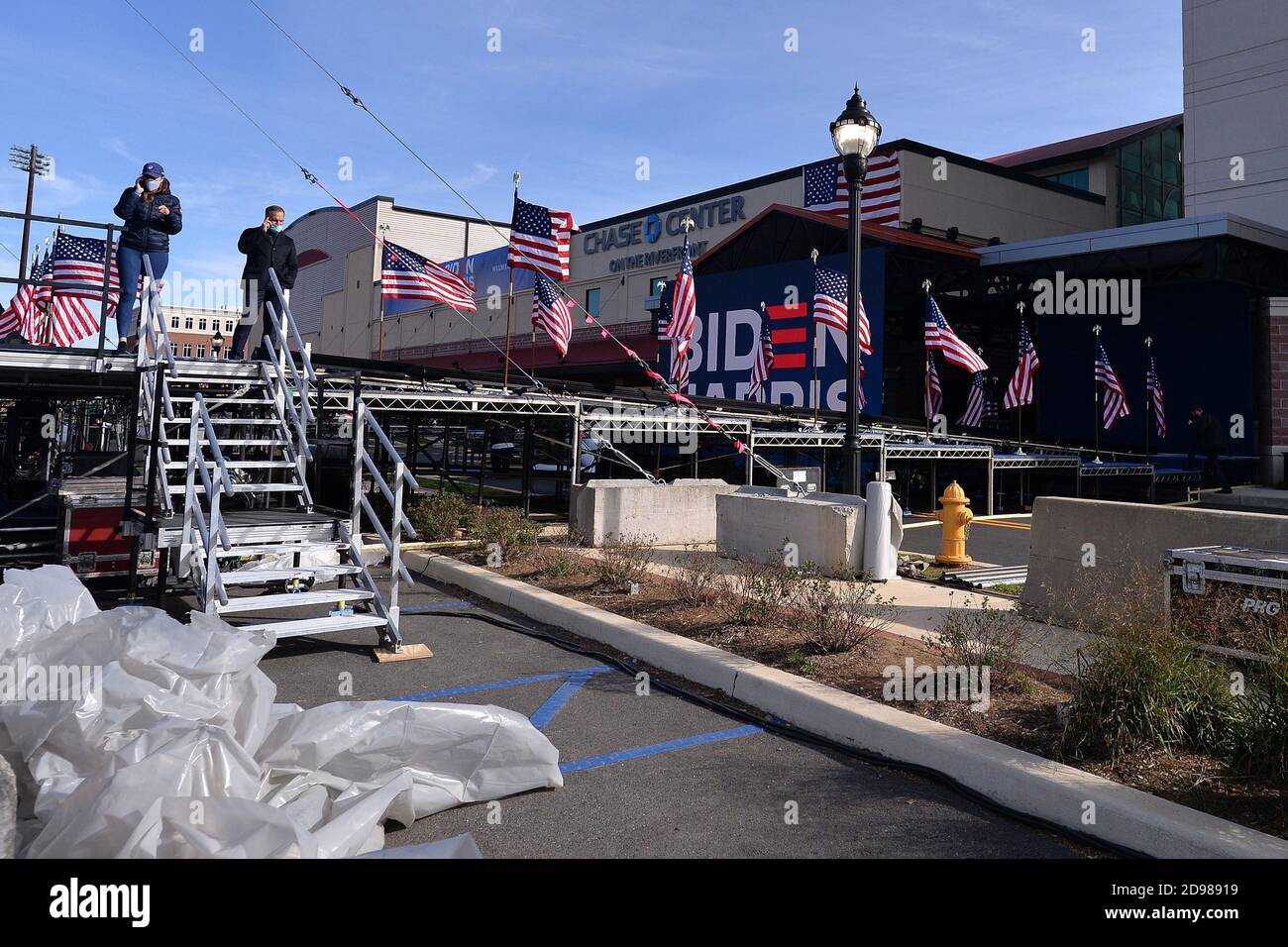 Wilmington, USA. 03rd Nov, 2020. A side view of the stage and background where Democratic Presidential candidate Joe Biden is expected to speak later on in the day, in Wilmington, DE, November 3, 2020. Today is voting day for the 2020 U.S. Presidential election that has a Democratic ticket of former Vice President Joe Biden and his Vice President nominee Kamala Harris and a Republican ticket of incumbent President Donald J. Trump and Vice President Mike Pence.(Anthony Behar/Sipa USA) Credit: Sipa USA/Alamy Live News Stock Photo