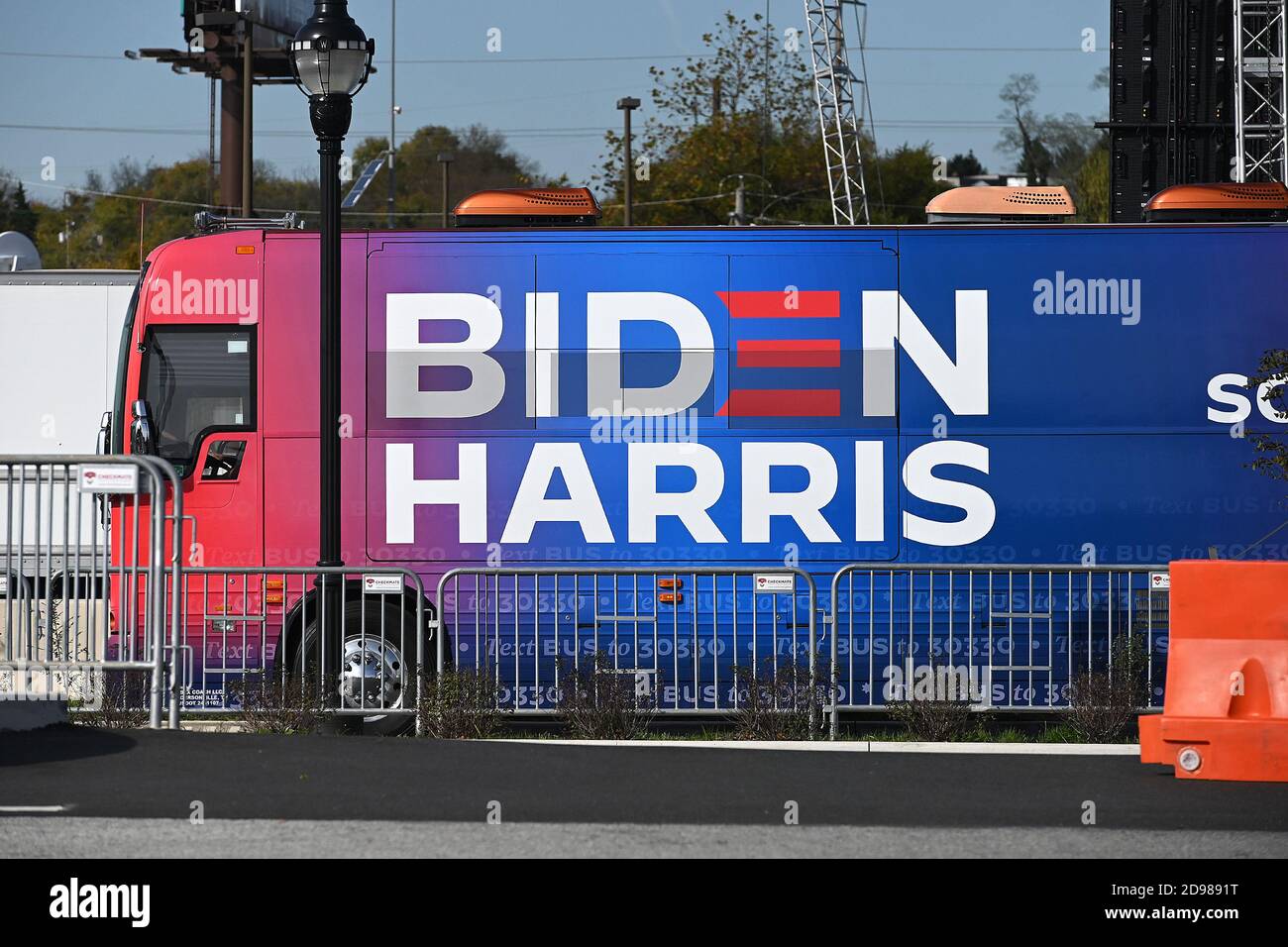 Wilmington, USA. 03rd Nov, 2020. The Biden/Harris Election bus arrives at the staging area where Democratic Presidential candidate Joe Biden is expected to speak, on this Election Day, in Wilmington, DE, November 3, 2020. Today is voting day for the 2020 U.S. Presidential election that has a Democratic ticket of former Vice President Joe Biden and his Vice President nominee Kamala Harris and a Republican ticket of incumbent President Donald J. Trump and Vice President Mike Pence.(Anthony Behar/Sipa USA) Credit: Sipa USA/Alamy Live News Stock Photo