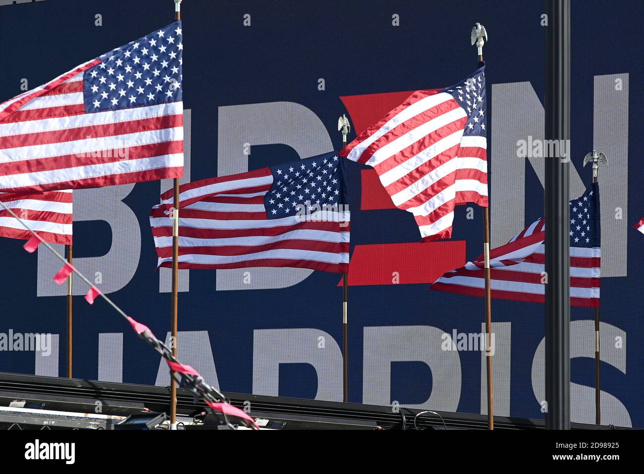 Wilmington, USA. 03rd Nov, 2020. A side view of the stage background where Democratic Presidential candidate Joe Biden is expected to speak later on in the day, in Wilmington, DE, November 3, 2020. Today is voting day for the 2020 U.S. Presidential election that has a Democratic ticket of former Vice President Joe Biden and his Vice President nominee Kamala Harris and a Republican ticket of incumbent President Donald J. Trump and Vice President Mike Pence.(Anthony Behar/Sipa USA) Credit: Sipa USA/Alamy Live News Stock Photo