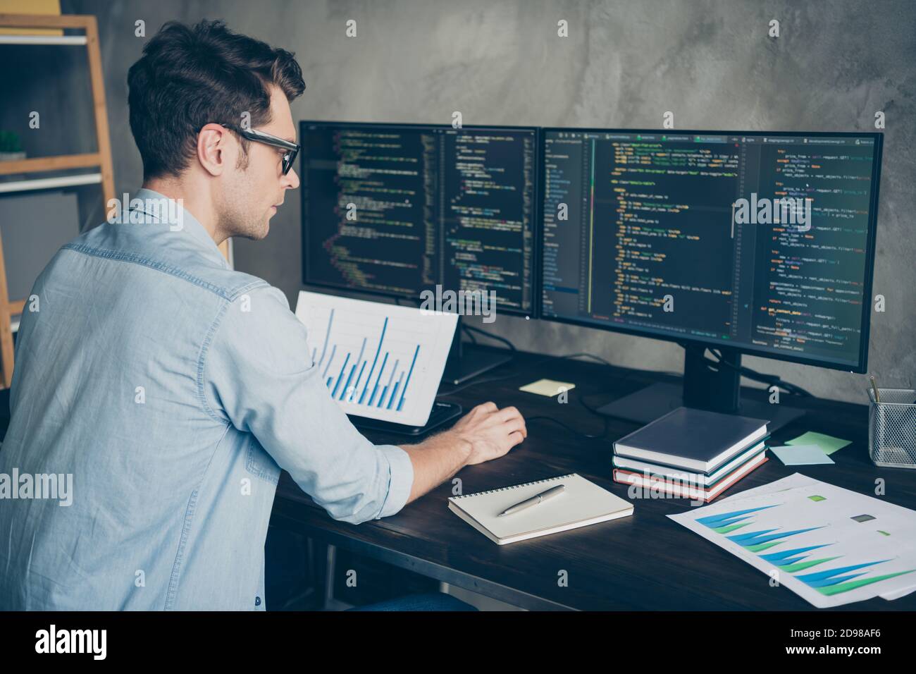 Profile side view portrait of his he nice attractive focused skilled ...