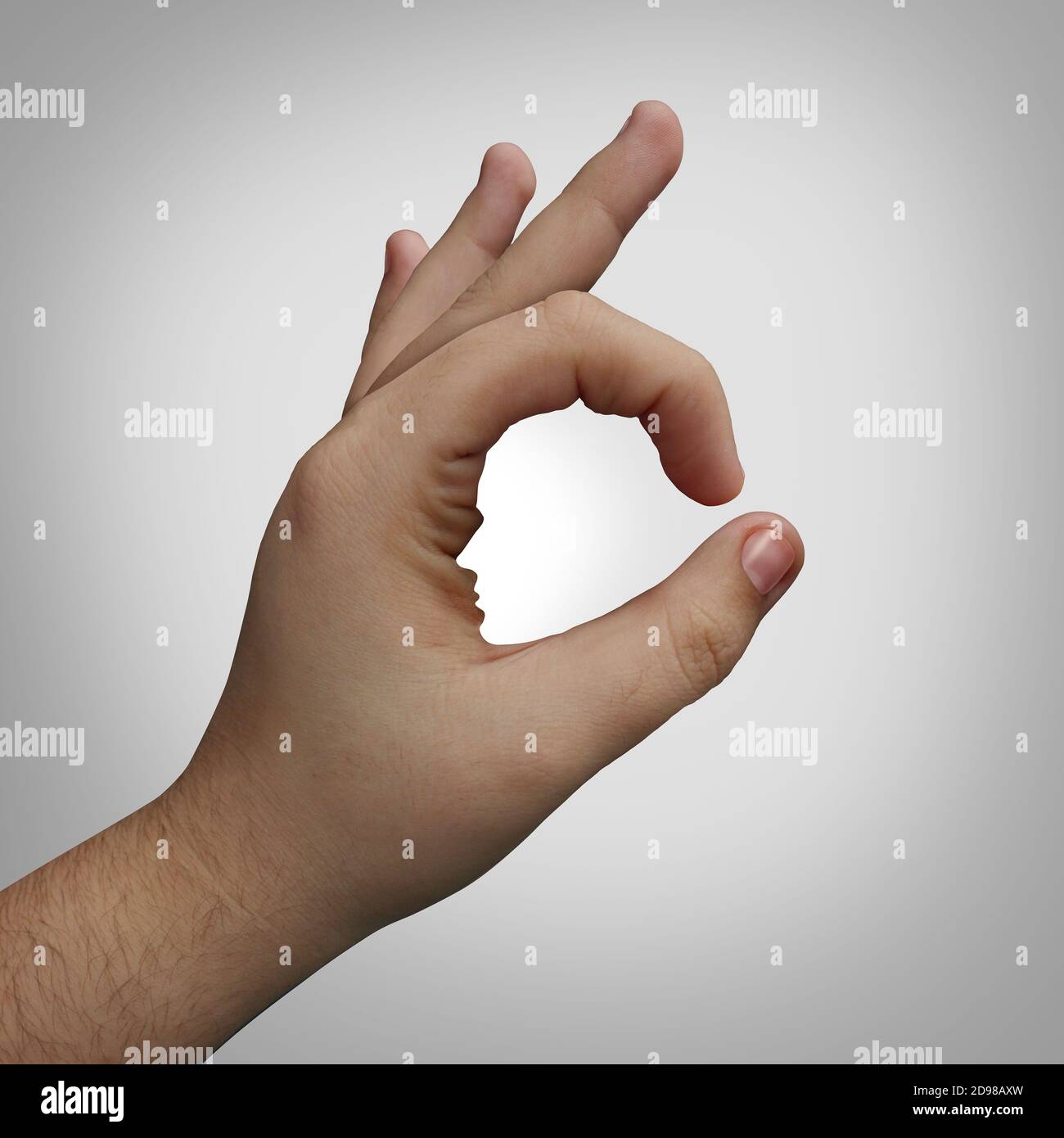 Self focus or find people concept and recruiter or human resources symbol as a hand shaped as a person representing identity and psychology. Stock Photo