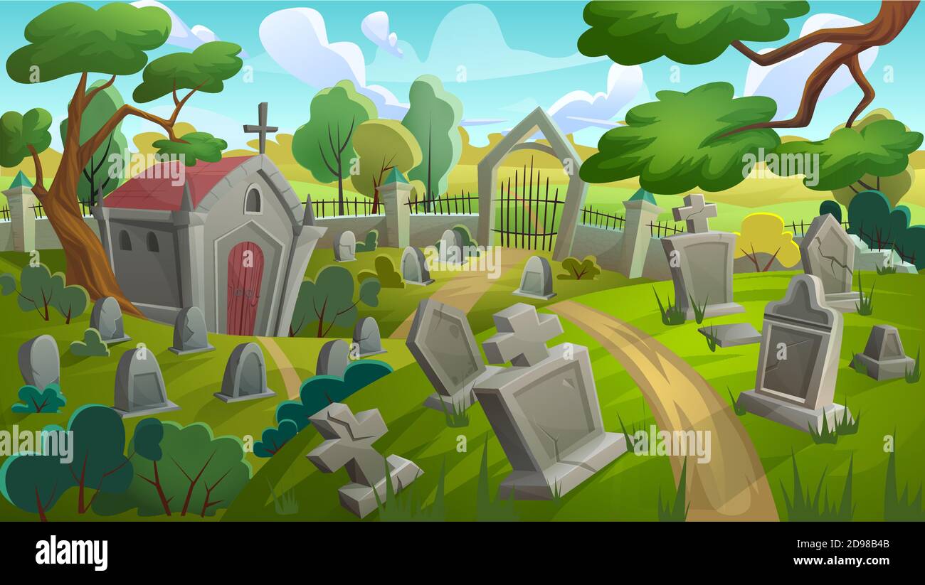 Cemetery graveyard landscape vector illustration. Cartoon summer day panorama scenery with old memorial tombstones, crypt among grass lawn and trees, gate to stone grave yard with fence background Stock Vector