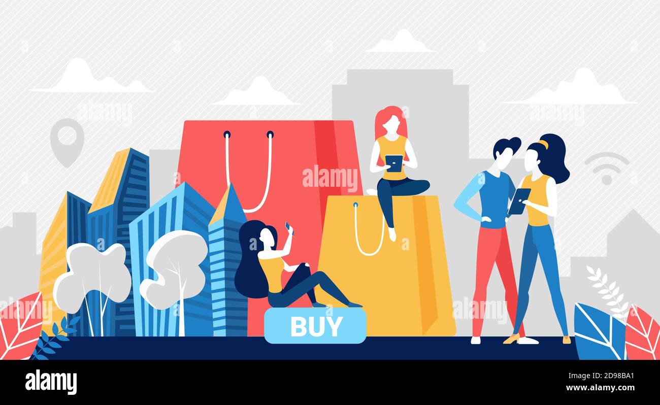 People shopping online concept vector illustration. Cartoon buyer characters buying in online store, using mobile shop app in phone, digital internet commerce technology to buy goods background Stock Vector Image & Art - People shopping online concept vector illustration. Cartoon buyer characters buying in online store, using mobile shop app in phone, digital internet commerce technology to buy goods background Stock Vector Image & Art -