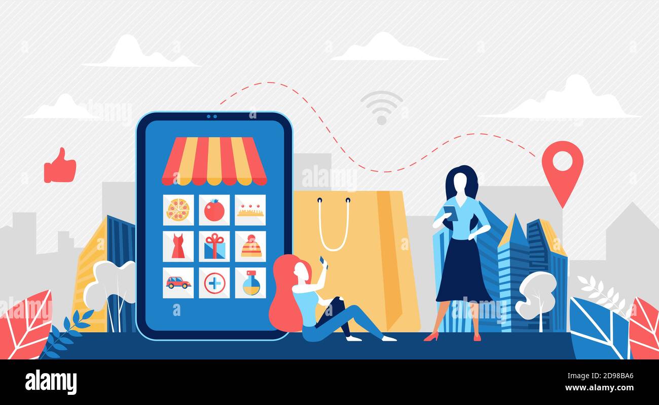 Online shopping concept vector illustration. Cartoon buyer woman character sitting next to big smartphone with online store on screen, customer buying and using mobile shop app in phone background Stock Vector Image Online shopping concept vector illustration. Cartoon buyer woman character sitting next to big smartphone with online store on screen, customer buying and using mobile shop app in phone background Stock Vector Image