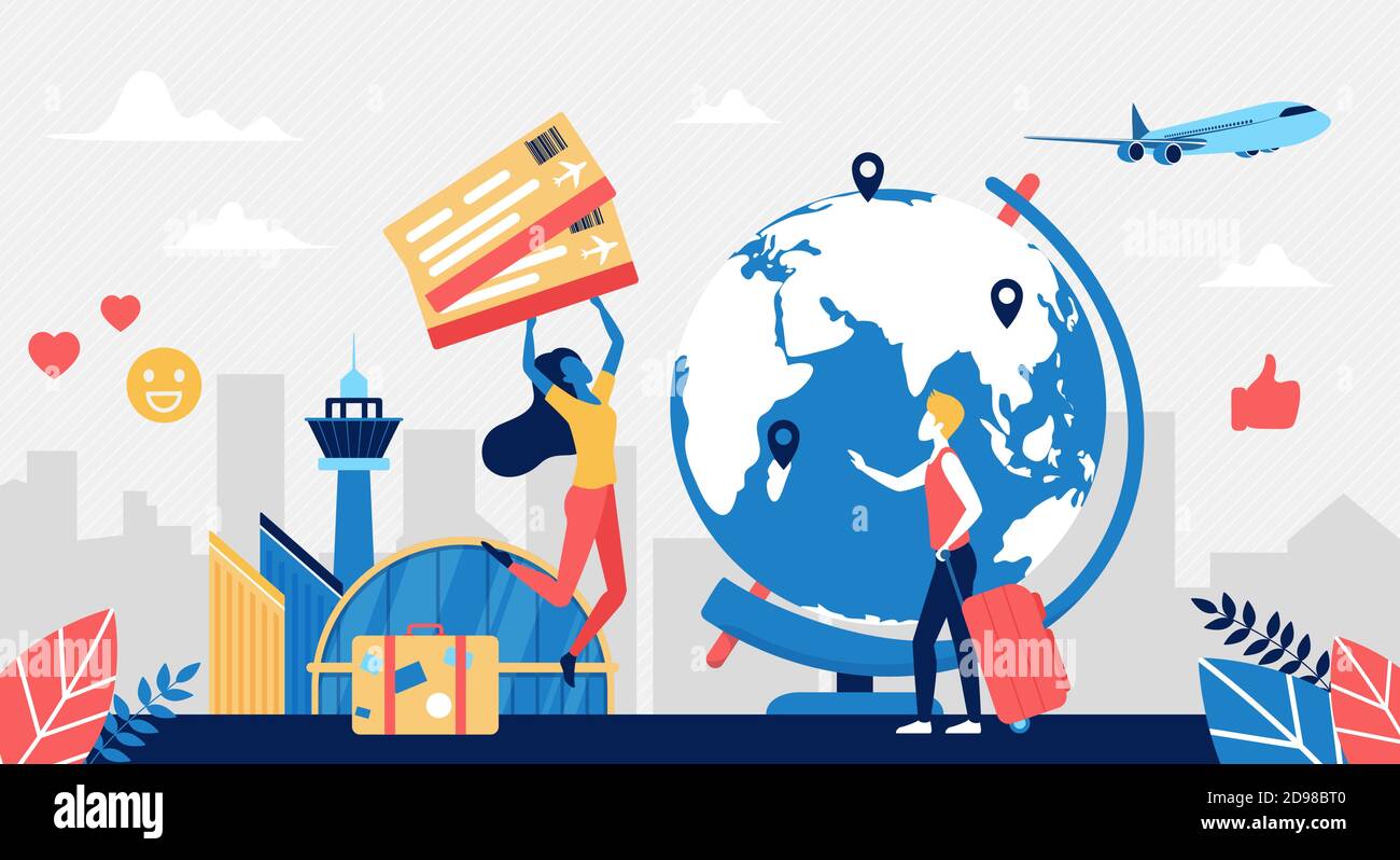 People travel by plane concept vector illustration. Cartoon happy traveller characters holding airplane tickets for global traveling around world, standing next to big world globe, tourism background Stock Vector