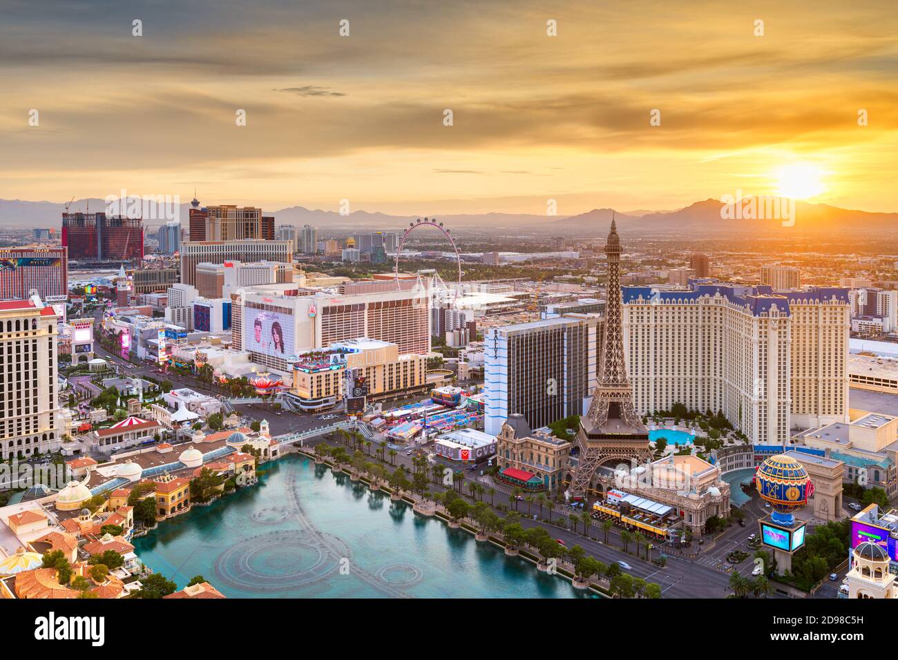 LAS VEGAS, NEVADA - APRIL 19, 2018: Hotels and Casinos along the strip at dusk. Stock Photo