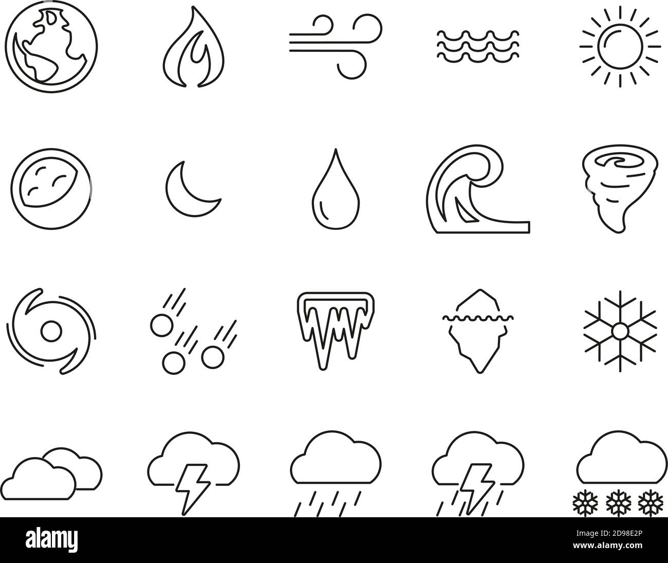 Nature Elements Icons Black & White Thin Line Set Big Stock Vector
