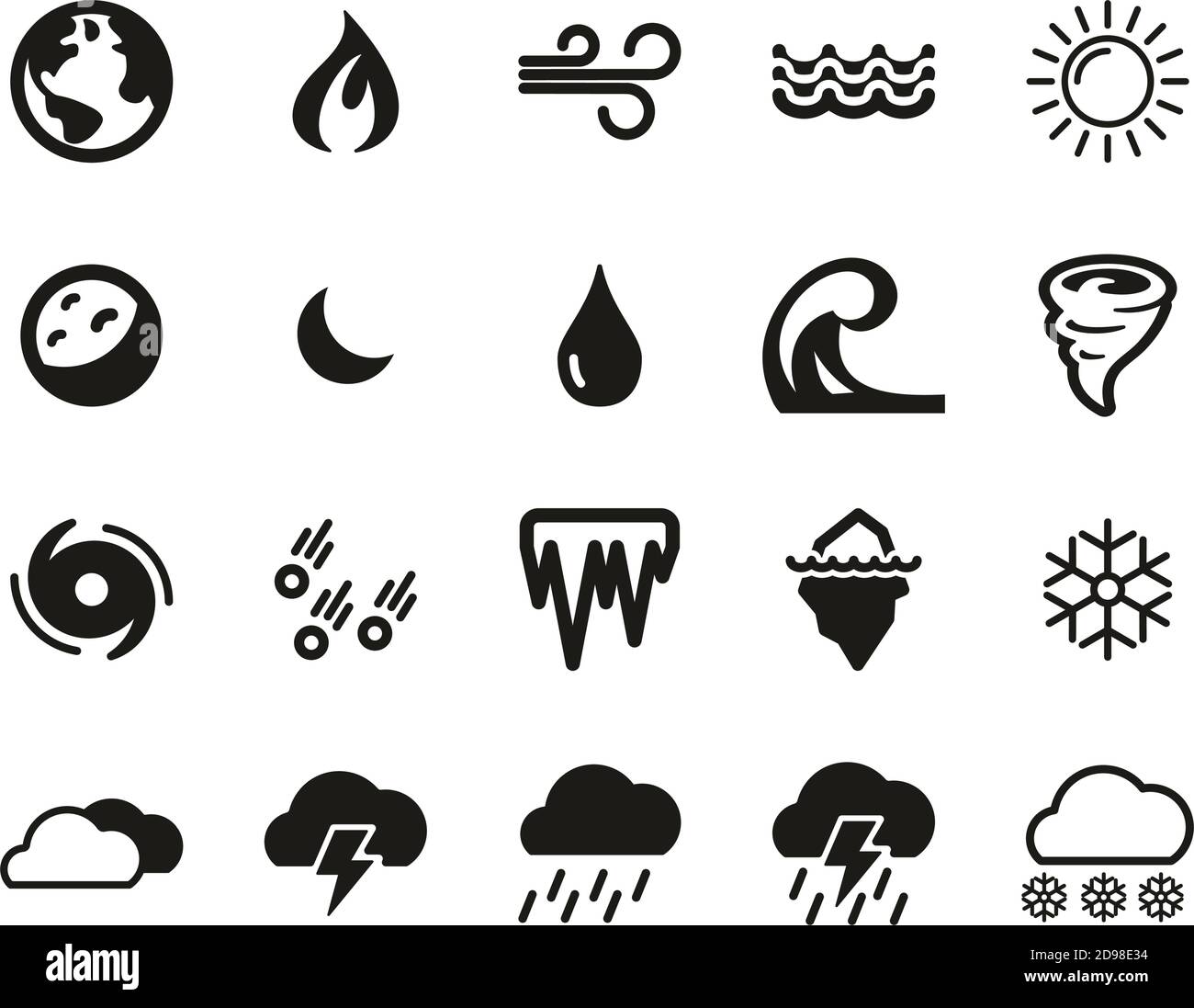 Nature Elements Icons Black & White Set Big Stock Vector