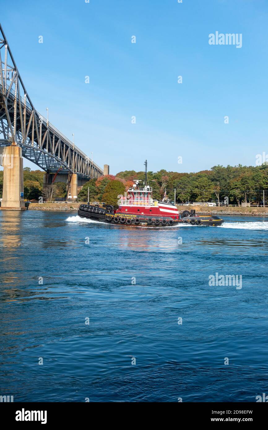 Tugboat in the Cape Cod Canal before the Bourne Bridge Stock Photo