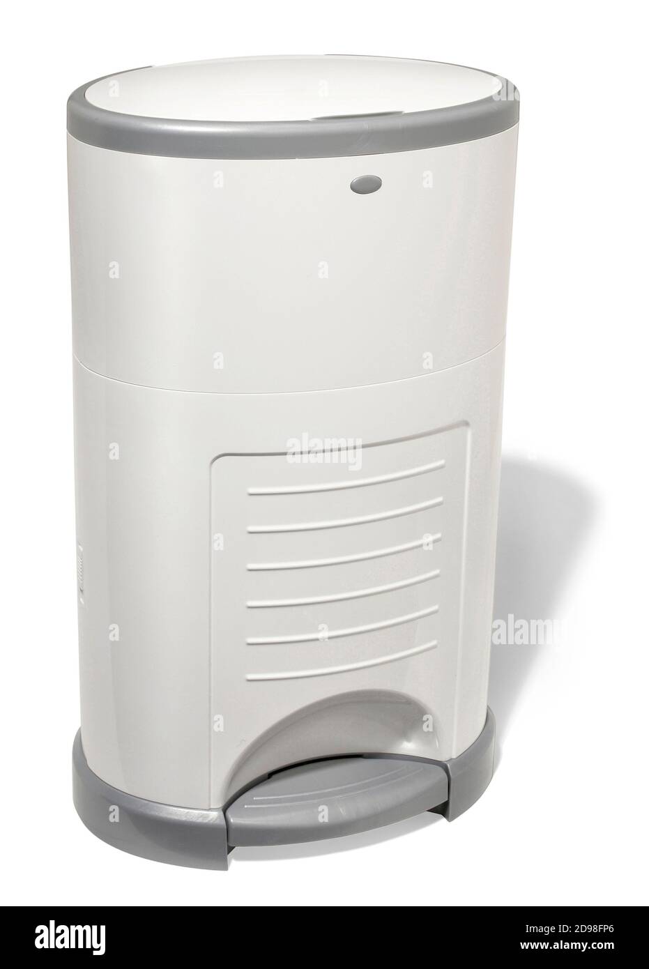 white and grey step on diaper trash can photographed on a white