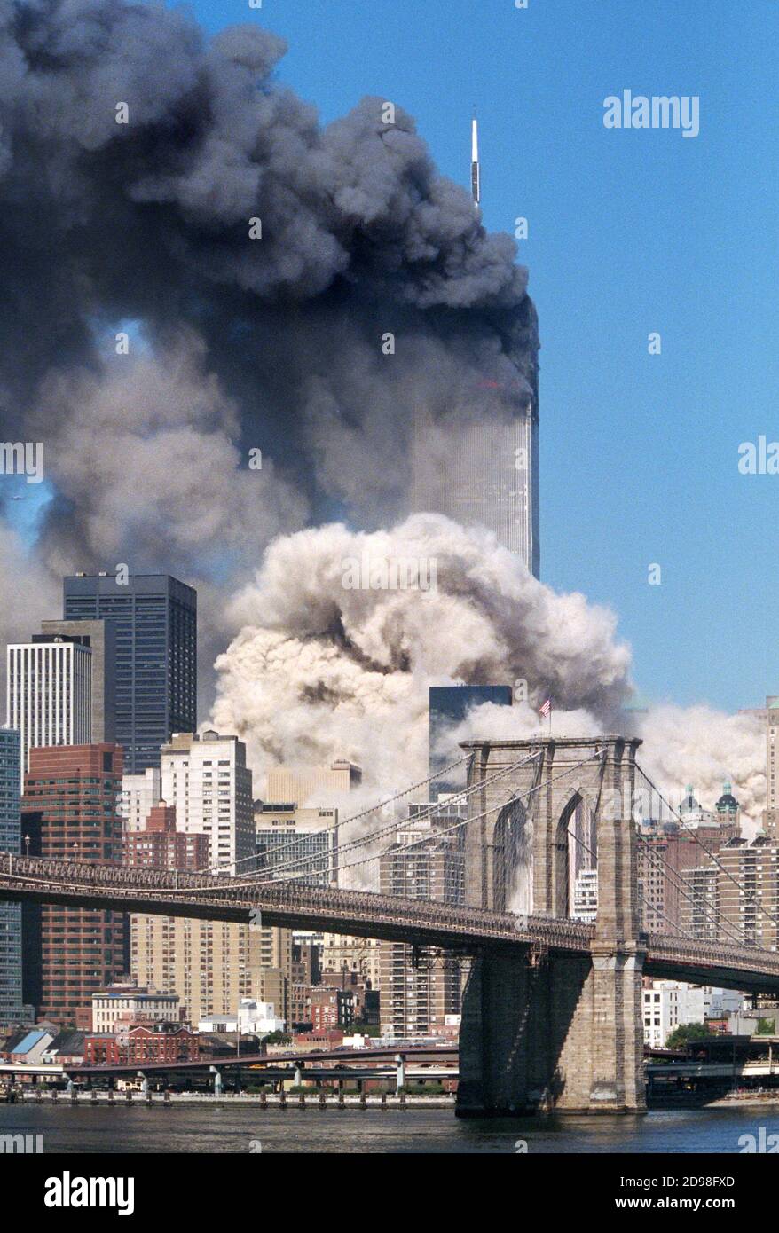 The 110-story South Tower of the World Trade Center collapses on September 11, 2001. Stock Photo