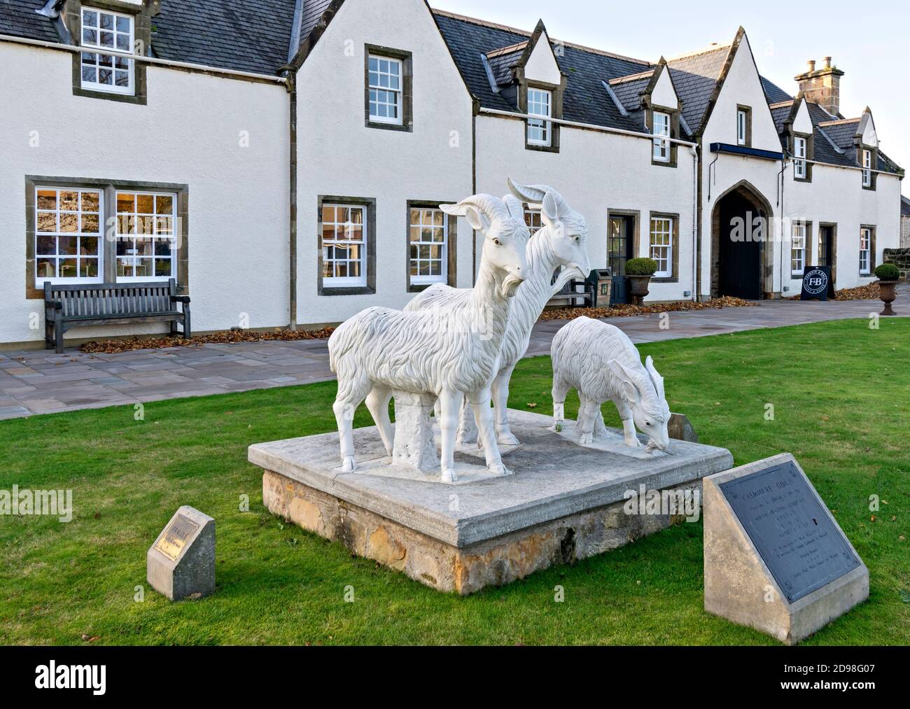 JOHNSTONS OF ELGIN MORAY SCOTLAND CASHMERE AND FINE WOOLLENS MILL THE SCULPTURE OF CASHMERE GOATS Stock Photo