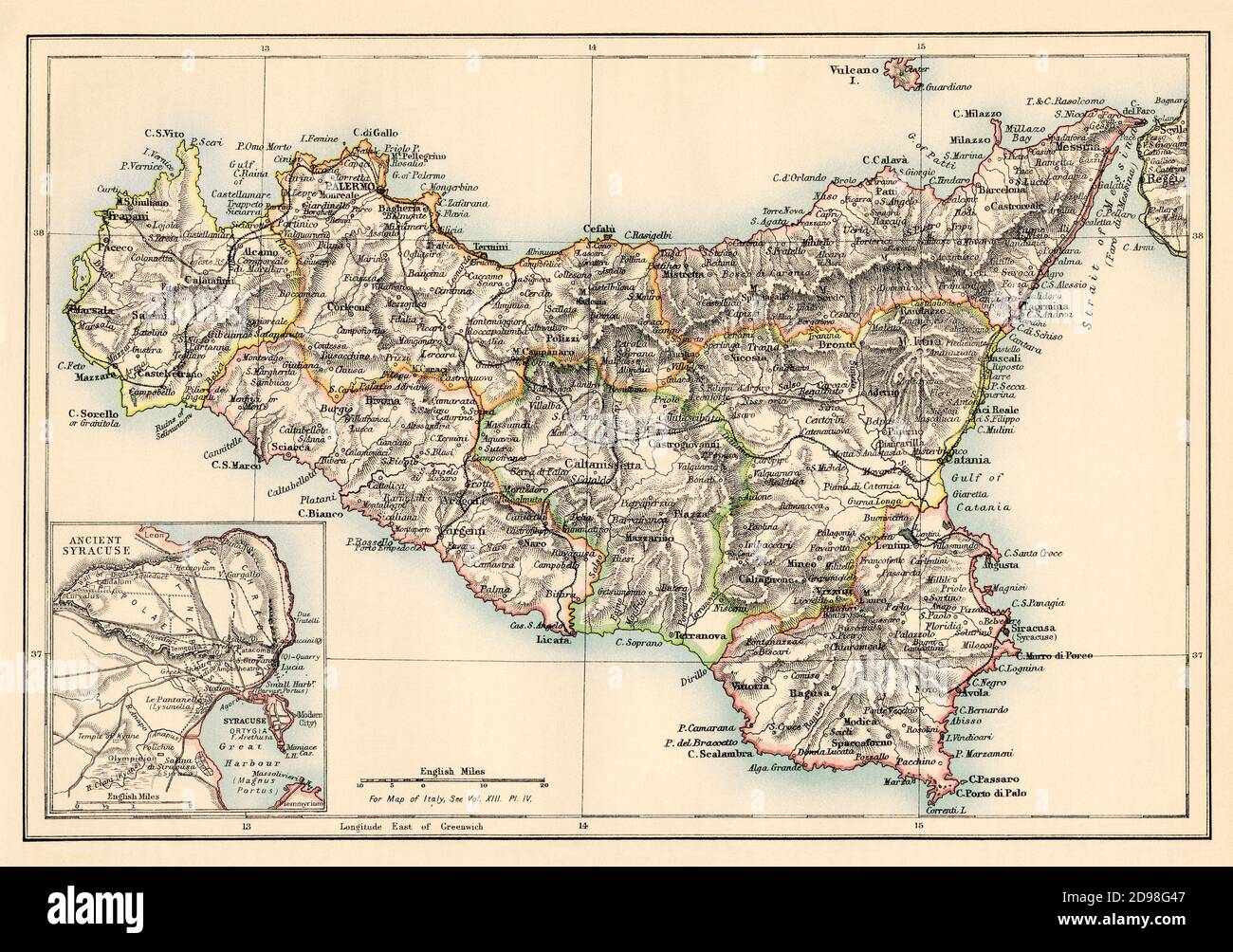 Map of Sicily in the 1870s. Color lithograph Stock Photo