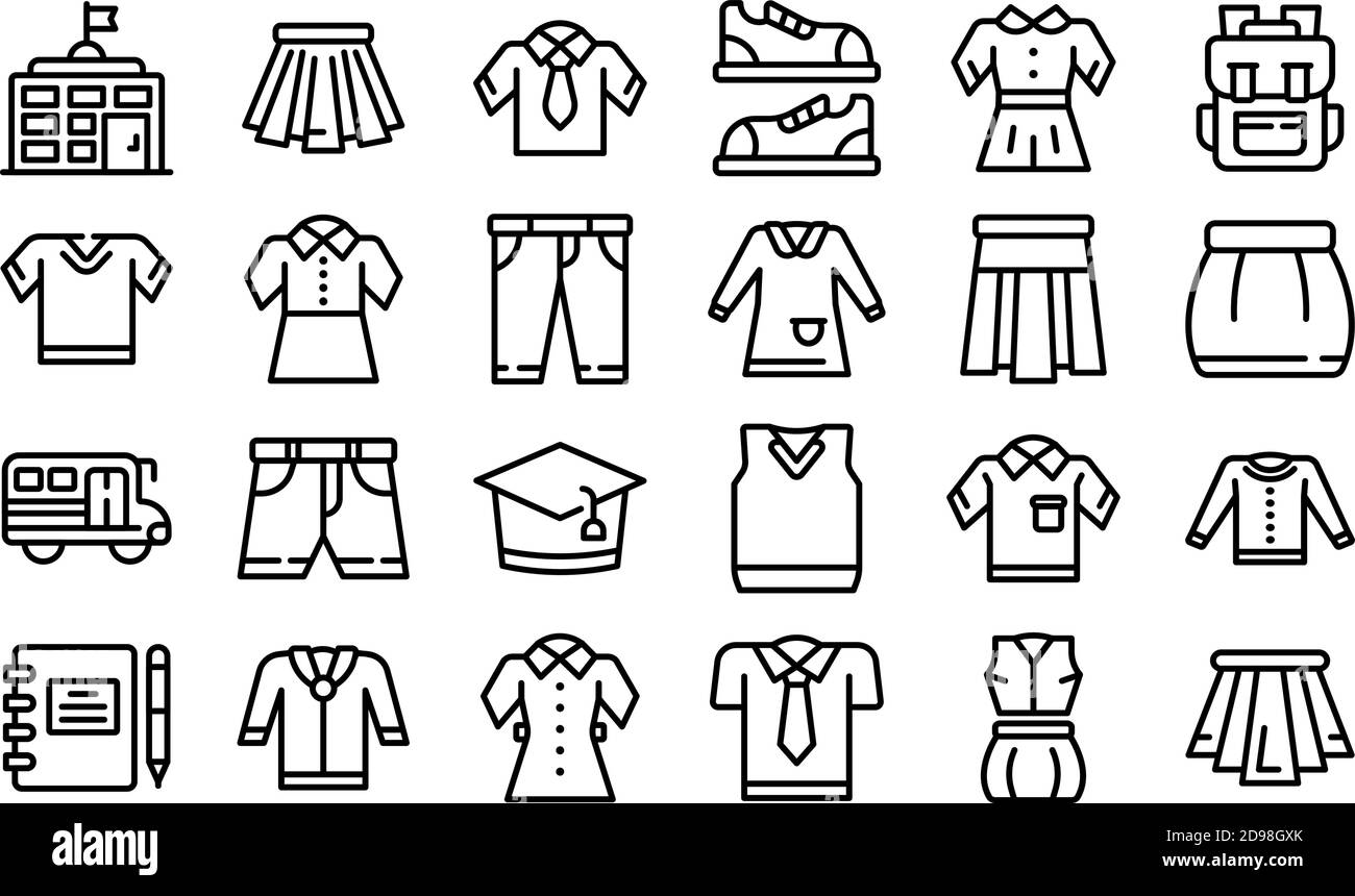 School uniform icons set. Outline set of school uniform vector icons for web design isolated on white background Stock Vector