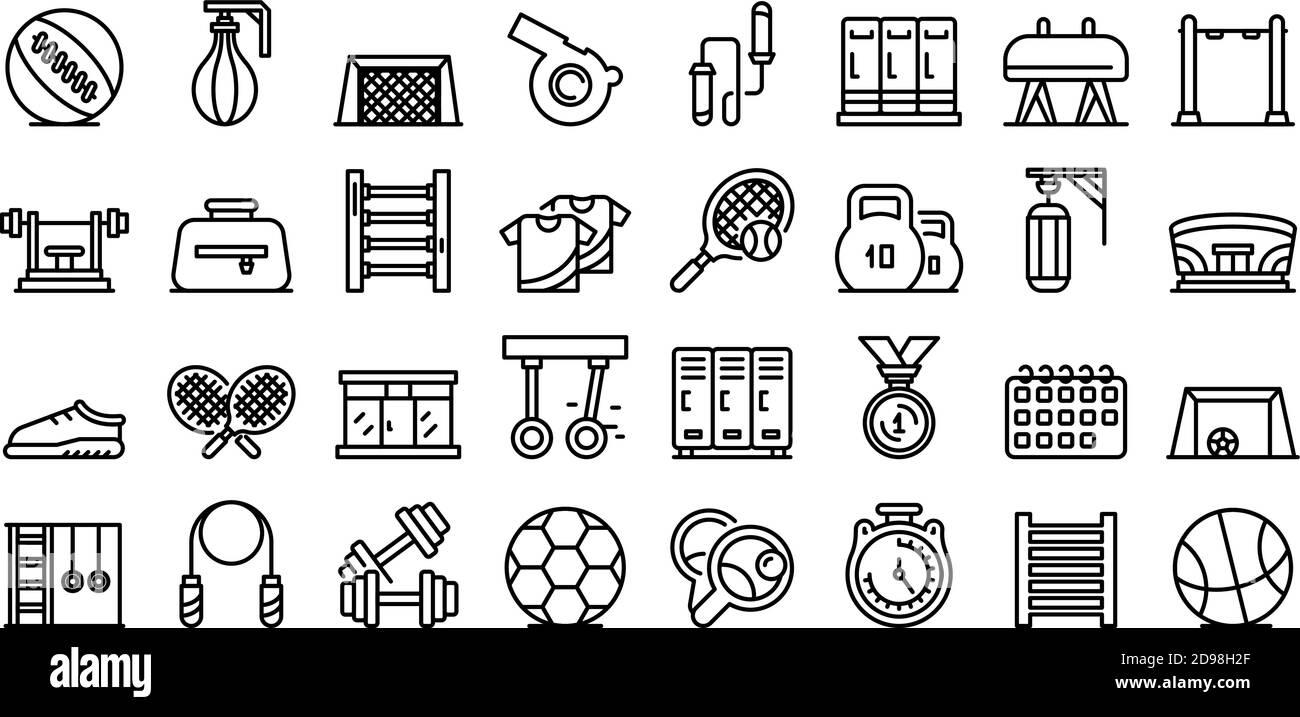 School gym icons set. Outline set of school gym vector icons for web design isolated on white background Stock Vector