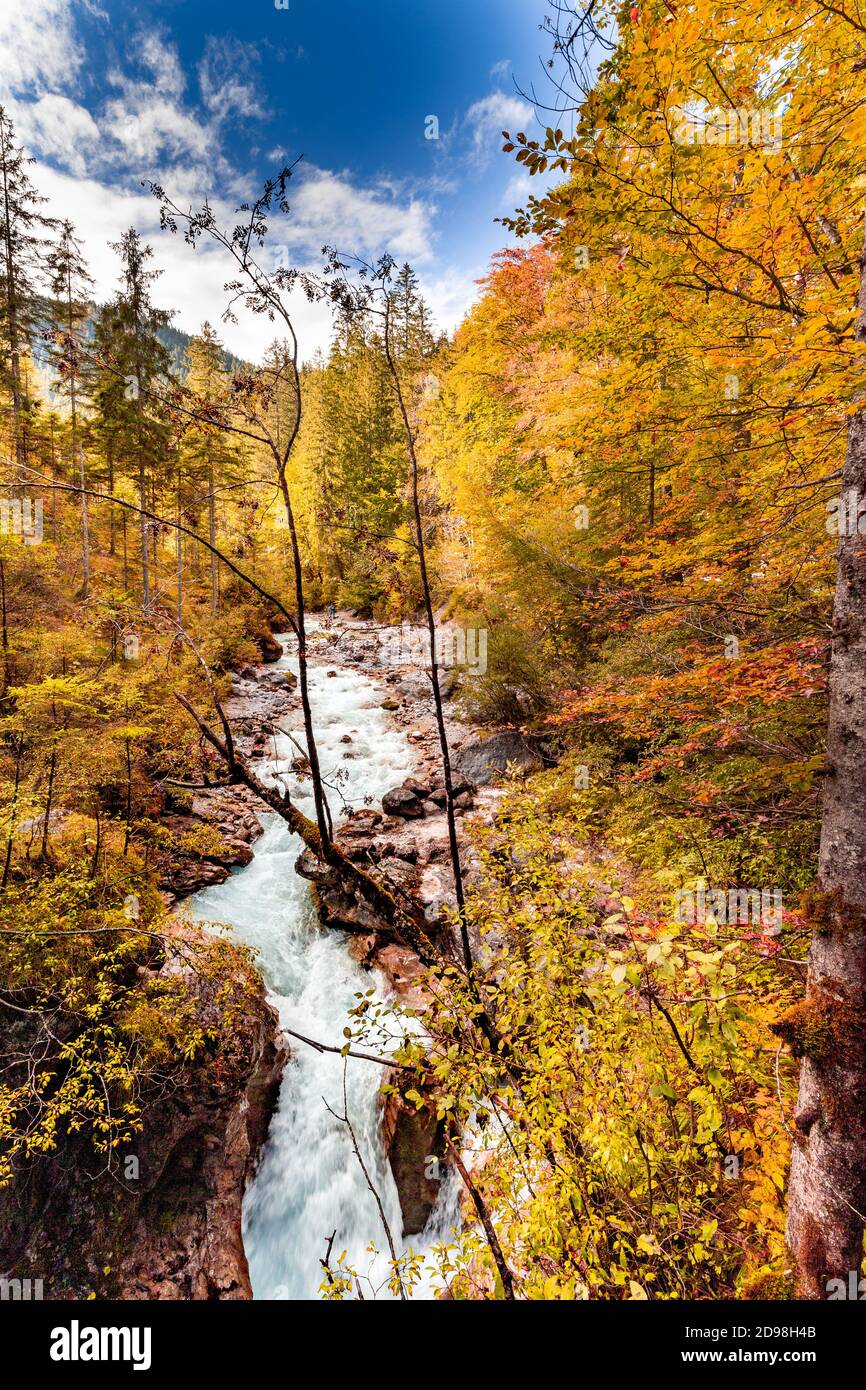 The Wimbachklamm, a steep gorge in Berchtesgadener Land, Bavaria, Germany, in autumn. Stock Photo