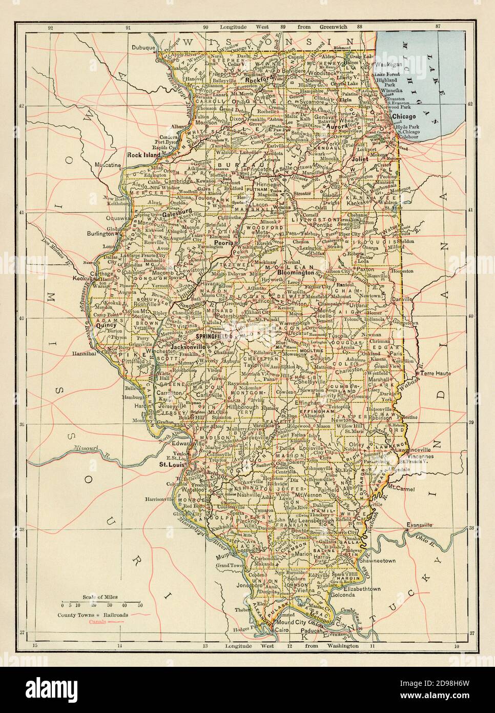 Illinois map, 1870s. Color lithograph Stock Photo