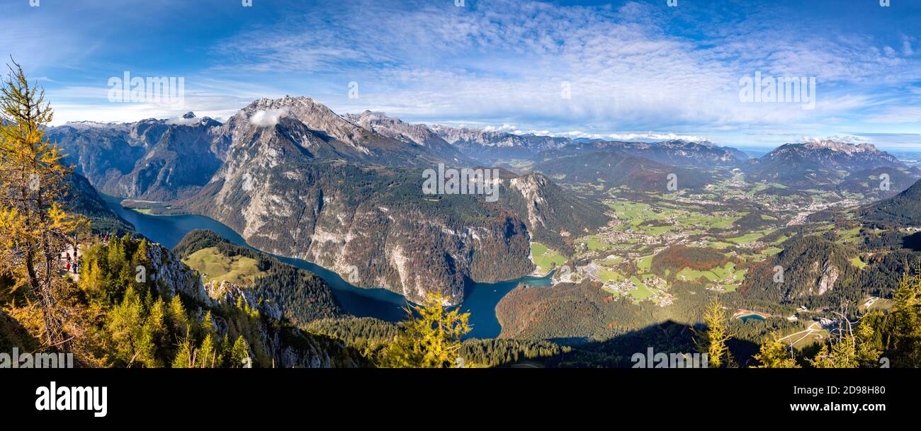 View on Königssee and Watzmann from the summit of Jenner in Berchtesgadener Land, Bavaria, Germany, in autumn. Stock Photo