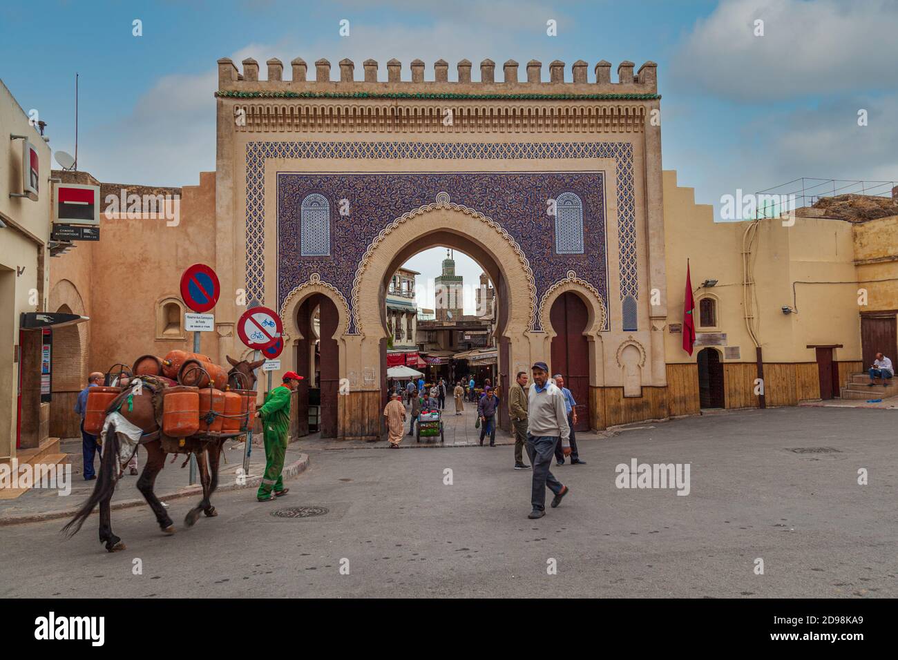 The blue gate Bab Abi al-Jounoud or Bab Bou Jeloud is an ornate city gate and the main western entrance to Fes el Bali, the old city of Fez, Morocco Stock Photo