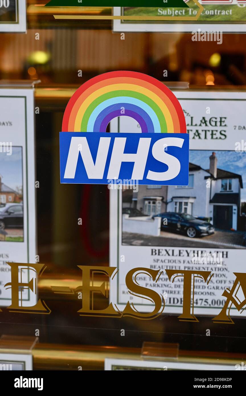 NHS Rainbow Sticker, Village Estates, Bexley, Kent. UK Stock Photo