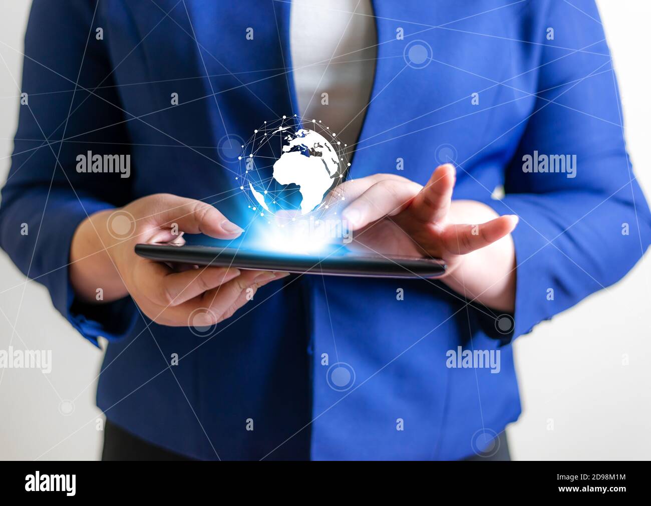 Technology people global connection network concept, Business women with laptop and virtual earth blurred background Stock Photo