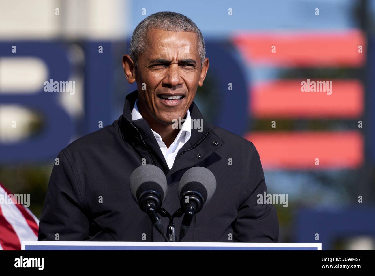 Atlanta, United States. 02nd Nov, 2020. President Barack Obama addresses drive-in rally on election eve to get out the vote for Joe Biden, Jon Ossoff and Raphael Warnock on November 2, 2020 in Atlanta, Georgia Credit: Sanjeev Singhal/The News Access Credit: The Photo Access/Alamy Live News Stock Photo