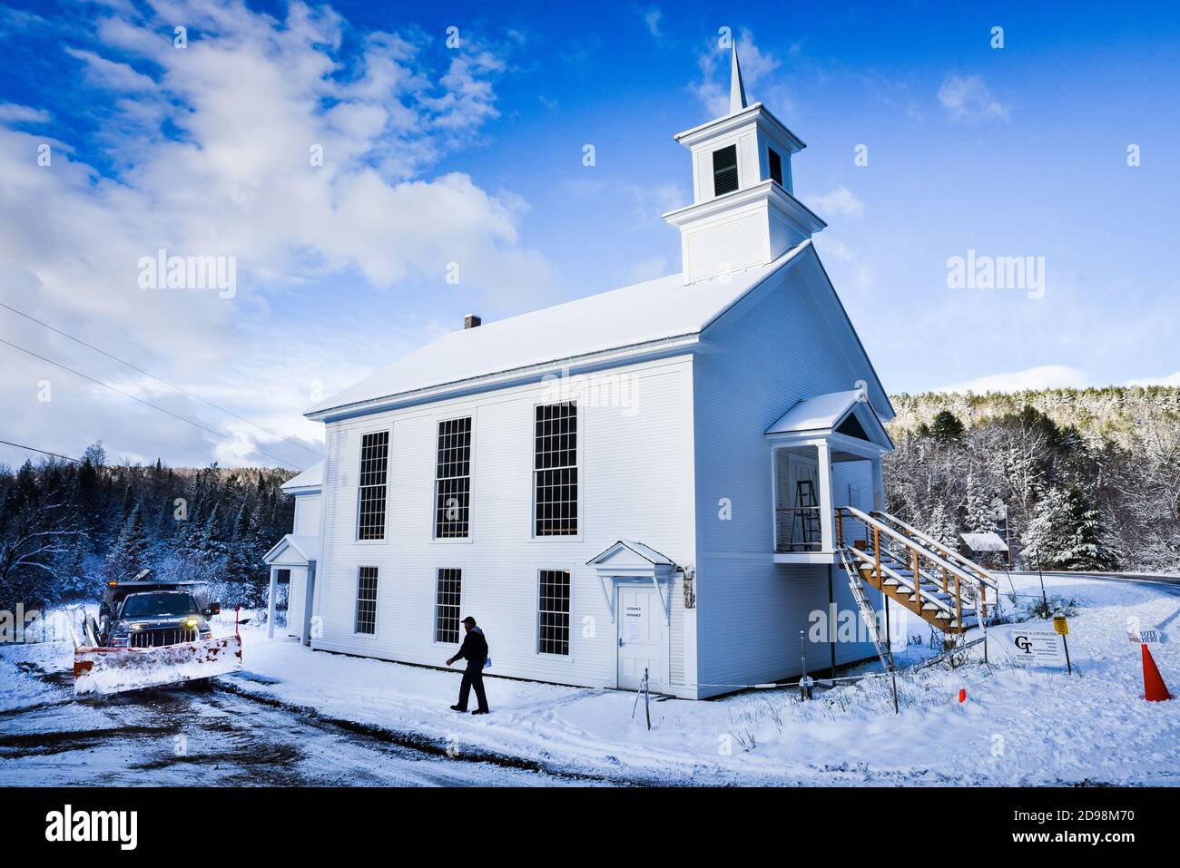 Calais, Vermont, USA. 3rd Nov, 2020. A voter leaves the Calais, Vermont, USA, Town Hall after voting by paper ballot in election 2020. Voters made it to the polls despite an early season snowstorm that left several inches of new snow. Credit: John Lazenby/Alamy Live News Stock Photo