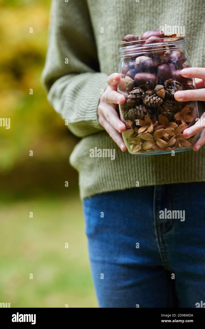 Close Up Of Girl Outdoors Holding Jar Of Autumn Pine Cones With Conkers Acorns And Beech Nut Cases Stock Photo