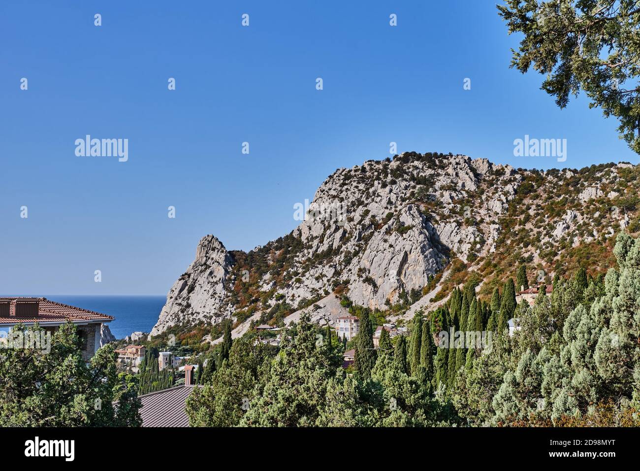 Coastal mountain landscape. Mount Cat, Koshka, the black sea coast near Yalta, town Simeiz, Crimea. Stock Photo