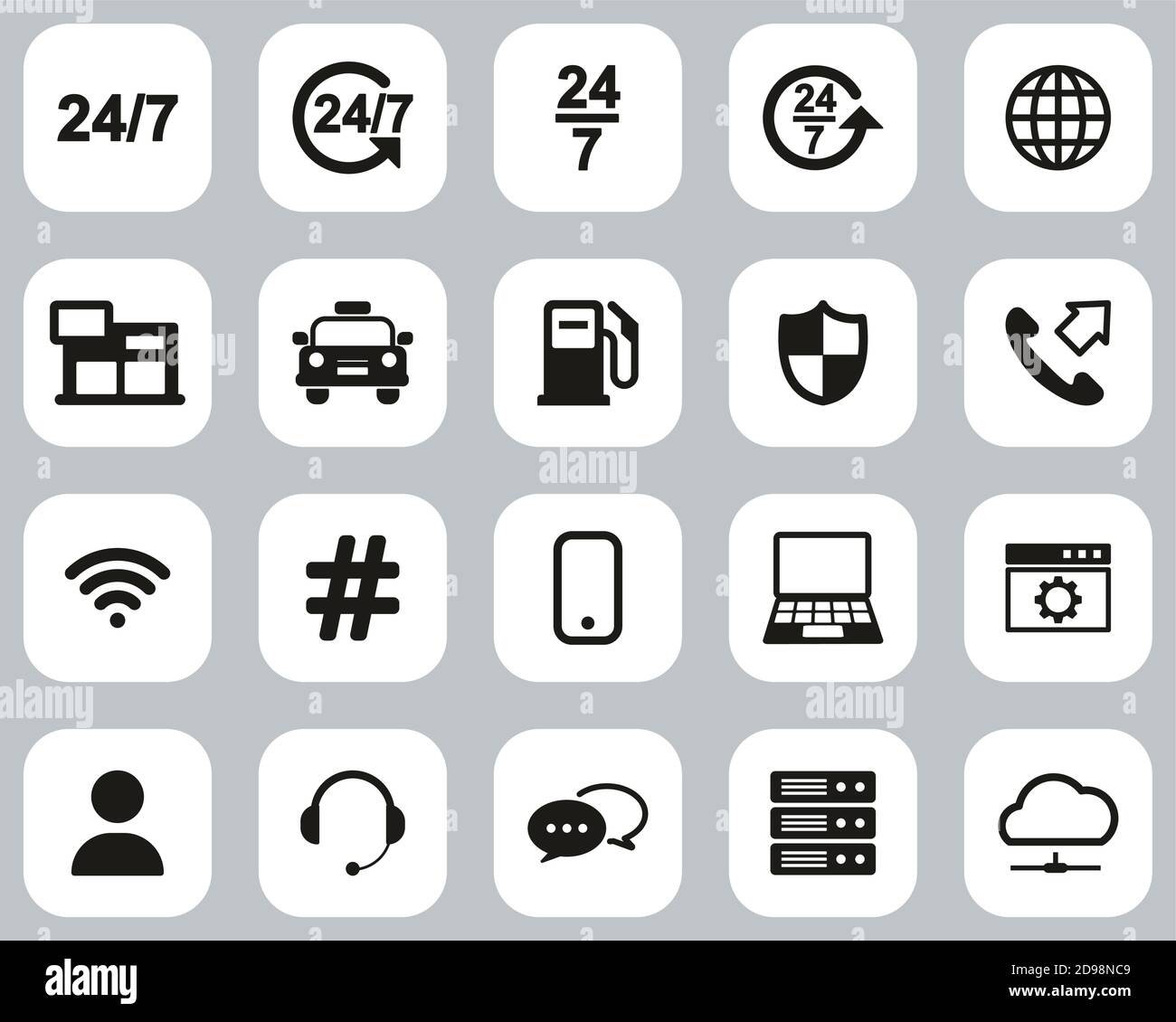 Nonstop Service or 247 Service Icons Black & White Flat Design Set Big Stock Vector