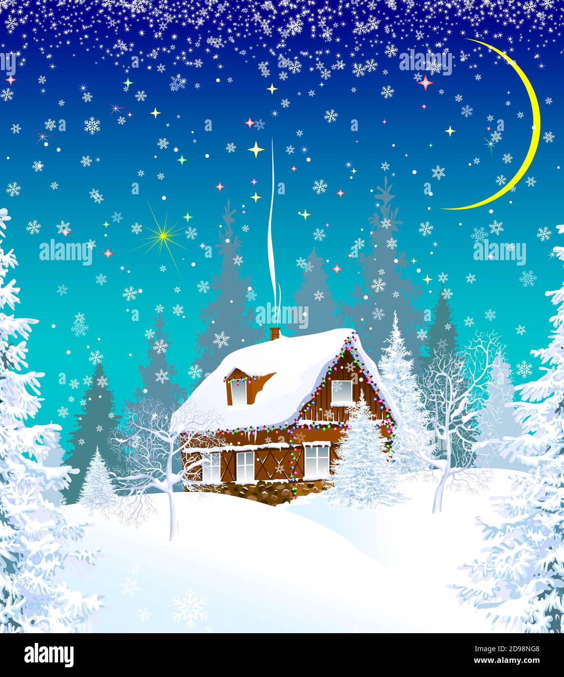 House in a snowy forest, decorated with a garland. Winter Christmas night. Christmas star in the sky. Stock Vector