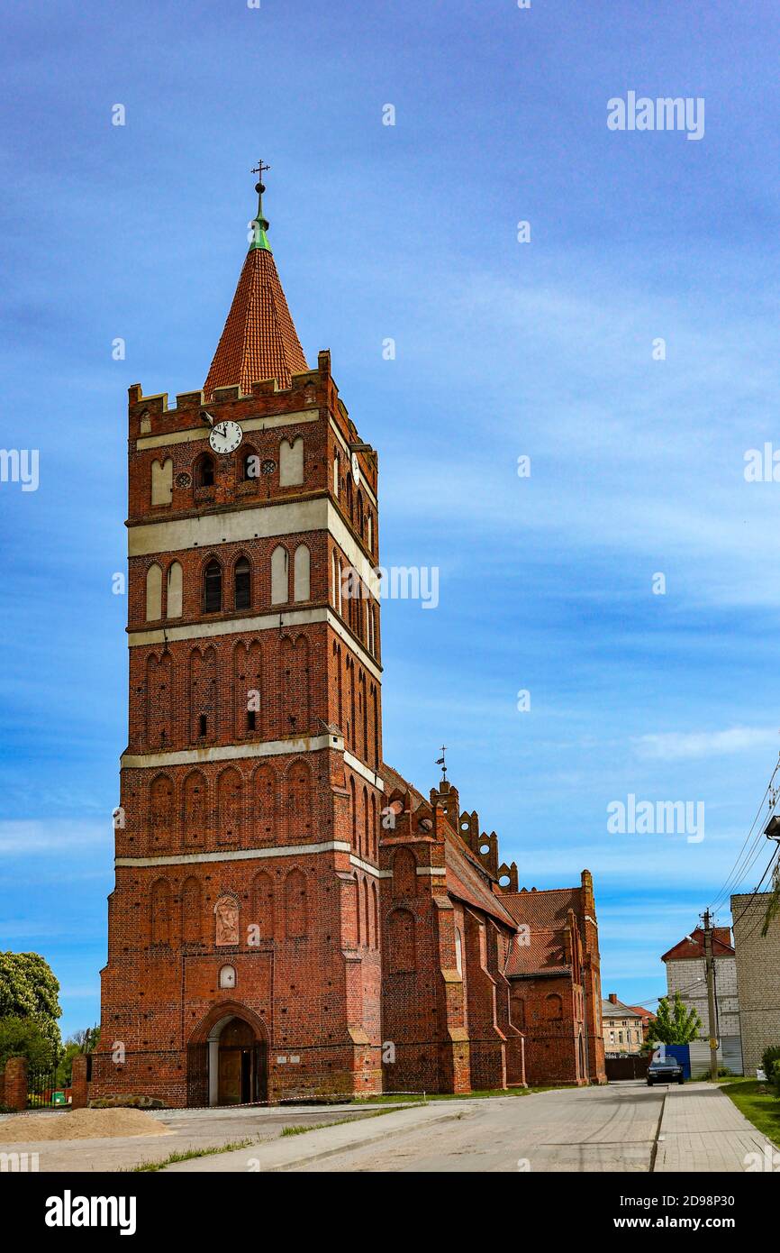View of the Church of St. Great Martyr George the Victorious in Pravdinsk (former Lutheran church in old Friedland), Kaliningrad Region, Russia Stock Photo