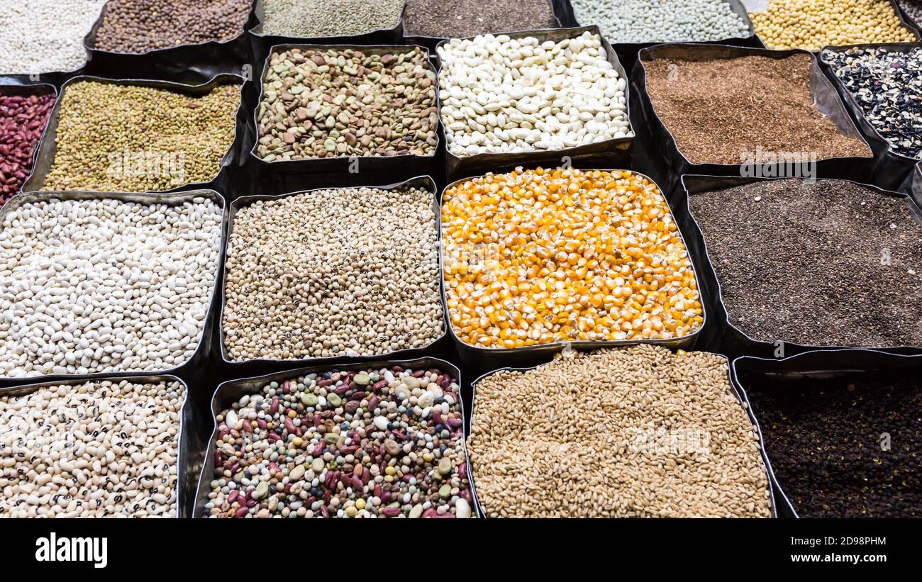 Organic dried beans, corn, mung bean, chickpeas on the farmers market